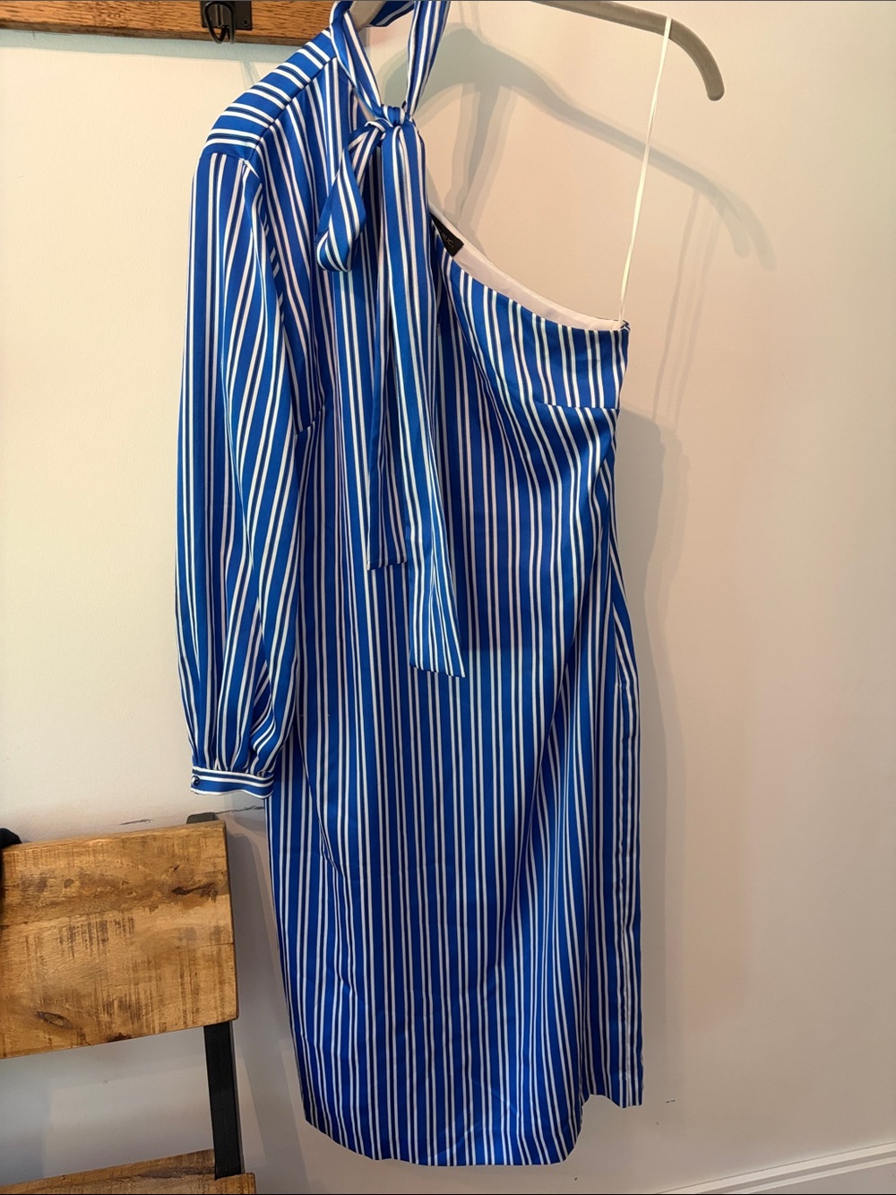 Banana Republic Blue and White One-Shoulder Striped Tie-Neck Dress